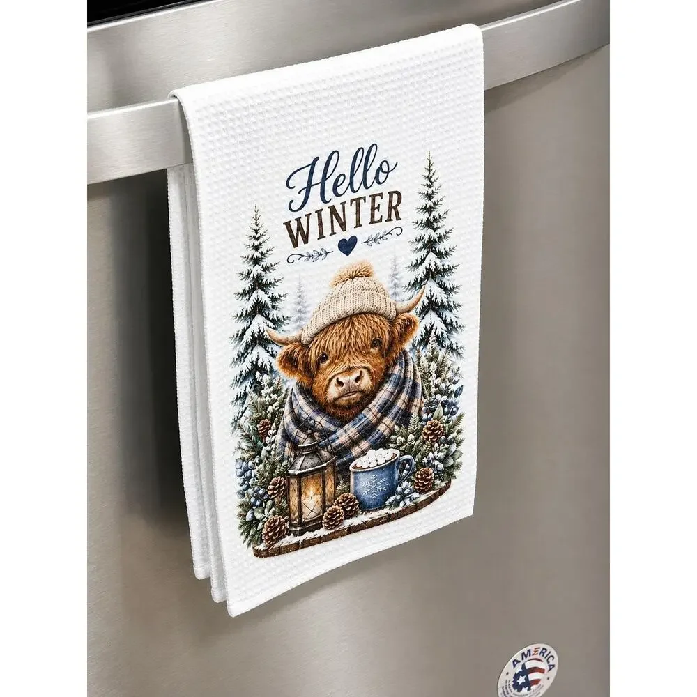 Hello Winter Highland Cow Kitchen Towel Snowy Farmhouse Winter Decor